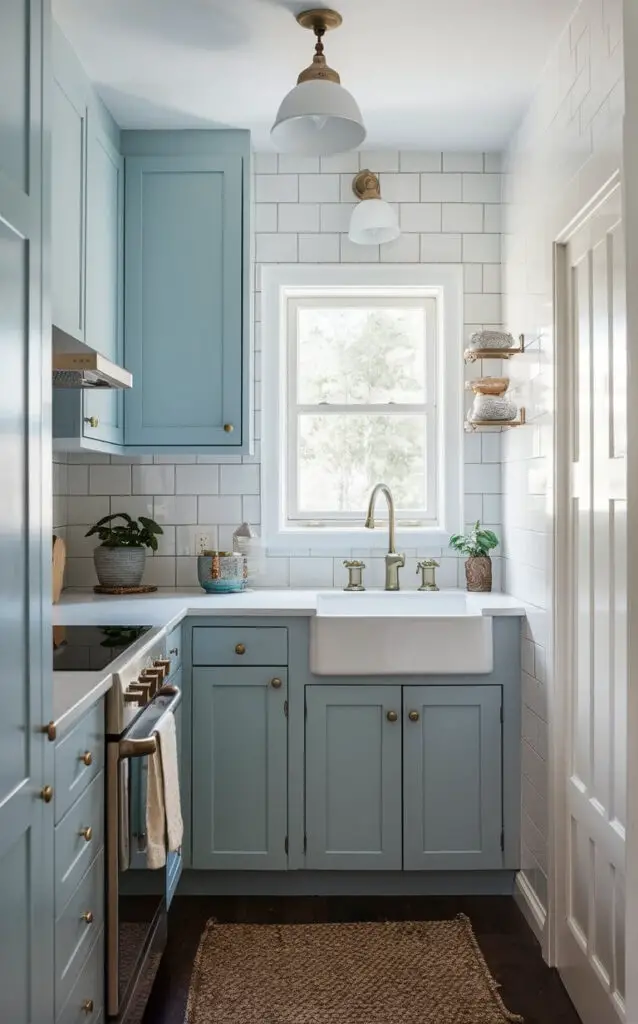 A small coastal kitchen featuring light blue cabinets paired with white countertops and a simple subway tile backsplash. Brass hardware adds warmth to the space, while the soft blue color of the cabinets evokes a serene, ocean-inspired atmosphere.