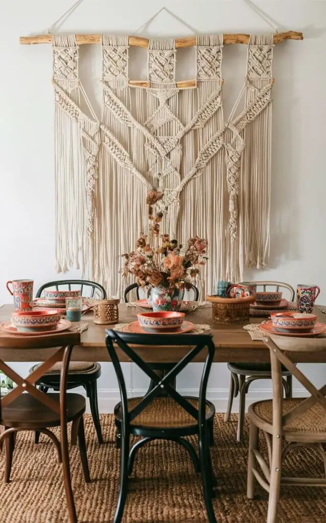 A boho dining room with a large macramé wall hanging as the focal point. The dining table is adorned with colorful, patterned tableware, and mismatched wooden chairs provide a cozy, eclectic vibe. A woven rug under the table adds texture and warmth.