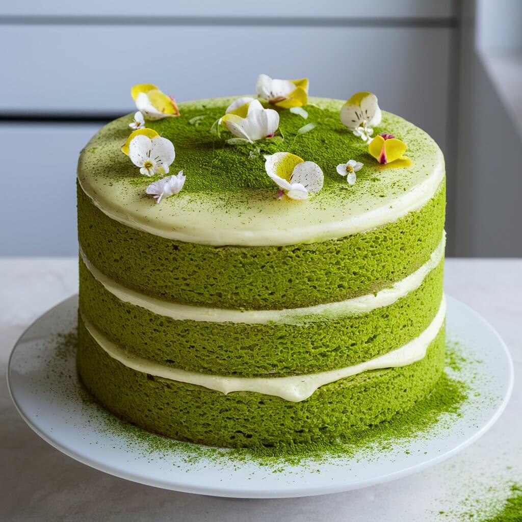 A visually striking Matcha Green Tea Cake with vibrant green layers infused with matcha. The cake is frosted with a light cream cheese or white chocolate ganache and decorated with matcha powder and edible flowers. The presentation is clean and elegant, highlighting the unique green color. The cake is placed on a white cake stand, The scene is set against a light-colored kitchen backdrop, enhancing the cake's rich color.