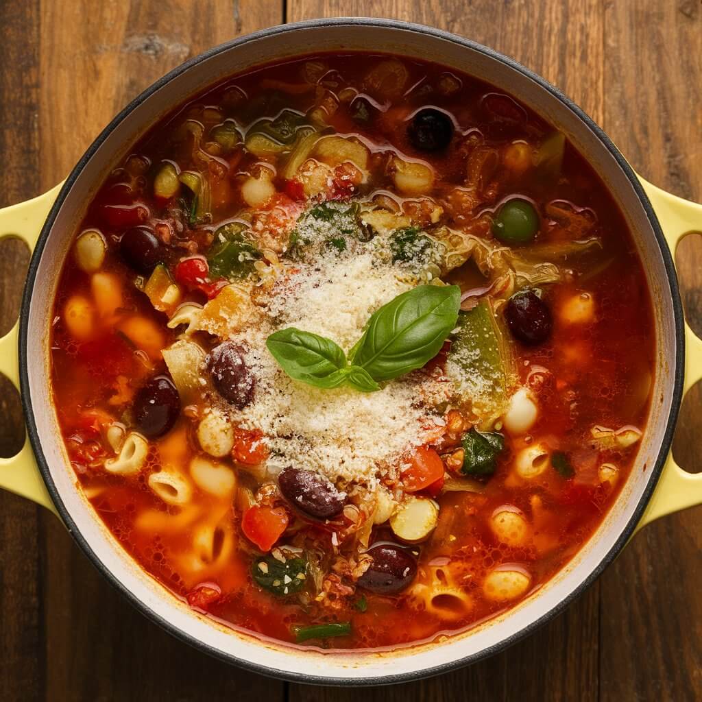 A colorful pot of minestrone soup, packed with a variety of vegetables, beans, and pasta in a rich tomato broth. Garnished with a sprinkle of grated Parmesan cheese and a fresh basil leaf. The pot sits on a wooden table