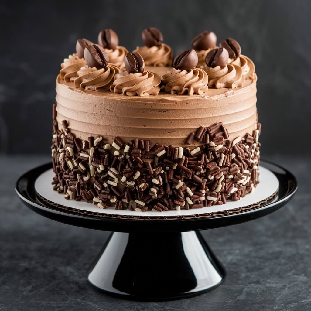 A mocha birthday cake with rich chocolate and coffee layers, covered in a smooth mocha frosting. The cake is decorated with chocolate-covered espresso beans and a swirl of chocolate drizzle on top. It's displayed on a sleek, black cake stand, perfect for a sophisticated birthday celebration.