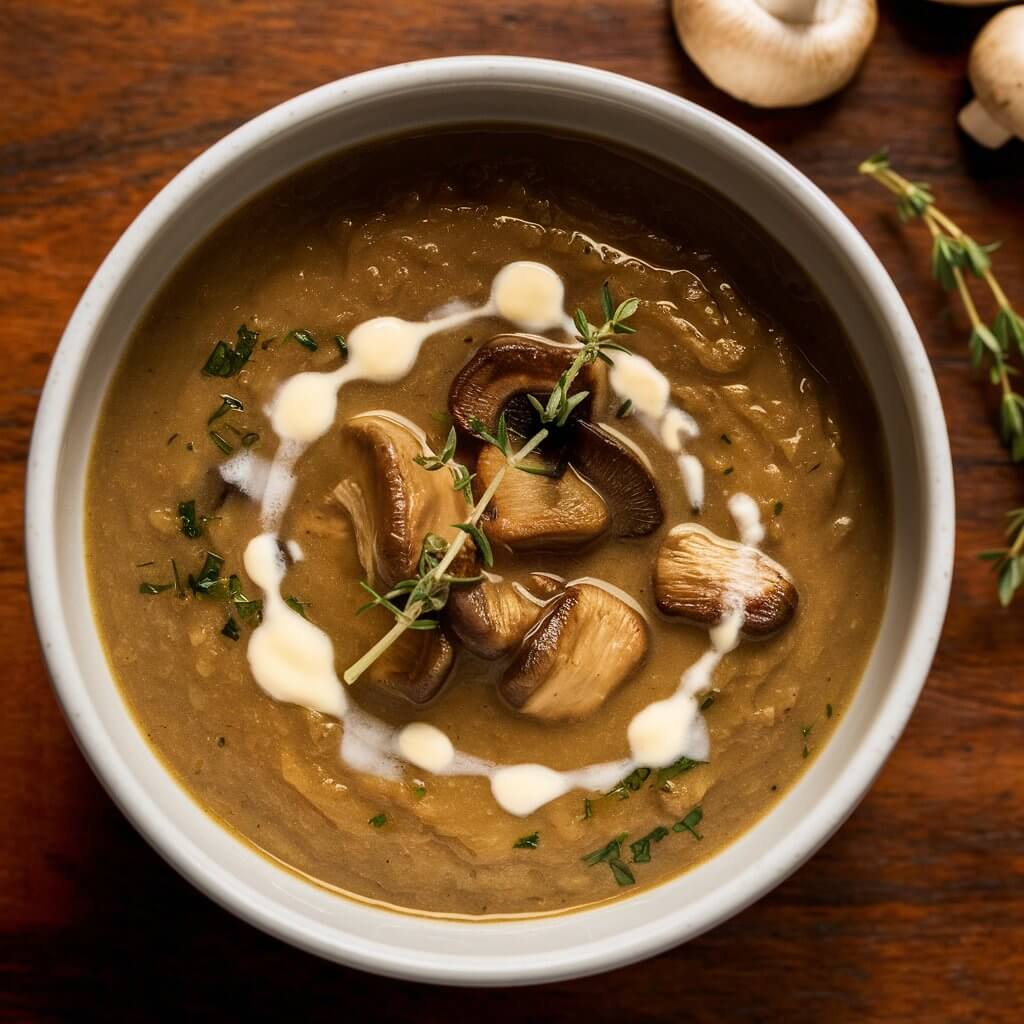 A bowl of creamy mushroom soup, with its rich, earthy color and visible pieces of sautéed mushrooms. A drizzle of cream and a sprinkle of fresh thyme add an elegant touch. The bowl is placed on a wooden table with a few whole mushrooms and a small bunch of thyme.