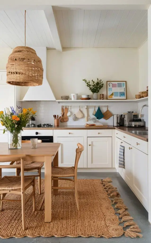 A small coastal kitchen with a natural jute rug placed under the kitchen table. The rug adds texture and warmth, complementing the kitchen’s light color palette and enhancing the overall coastal vibe.