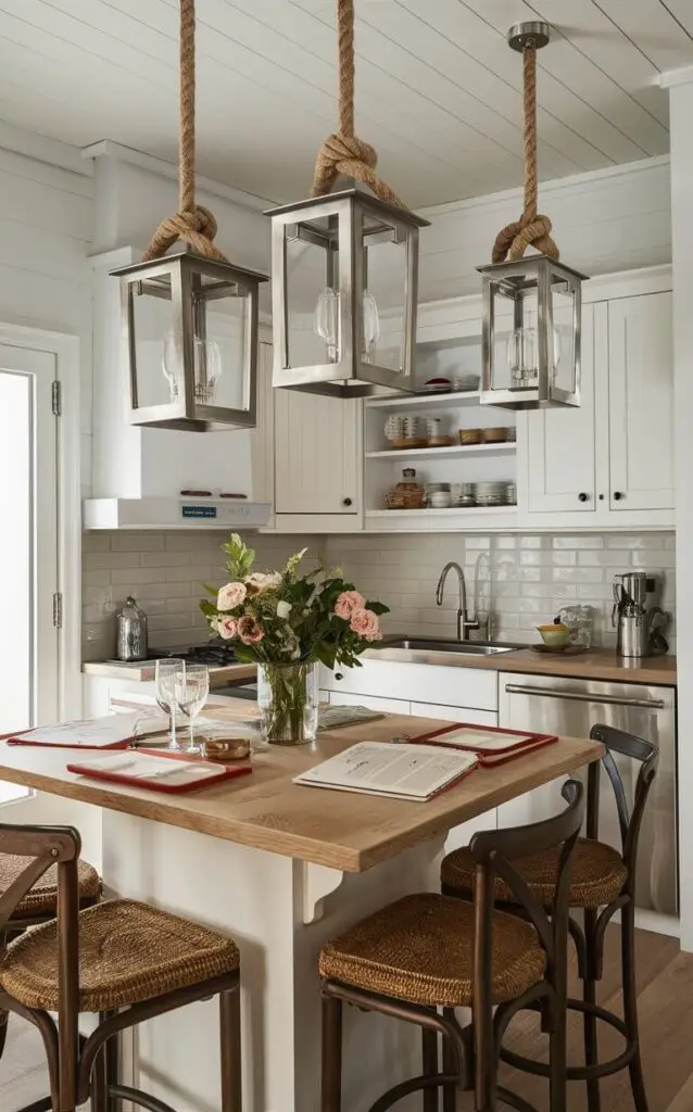 A small coastal kitchen with lantern-style pendant lights hanging above a central island. The lighting fixtures have a brushed nickel finish, adding a modern yet nautical touch. Rope detailing on the fixtures enhances the coastal vibe.