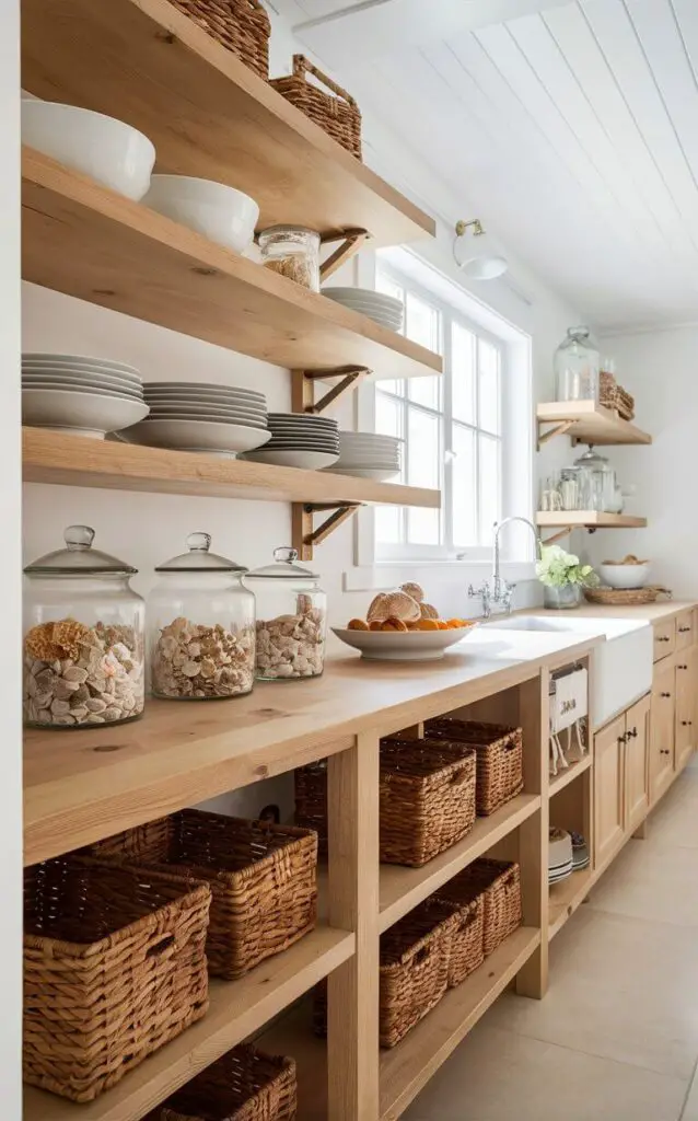 A bright and airy small coastal kitchen with natural wood open shelving. The shelves display white dishes, glass jars filled with seashells, and woven baskets. The light from a nearby window enhances the openness of the space, making it feel larger and more inviting.