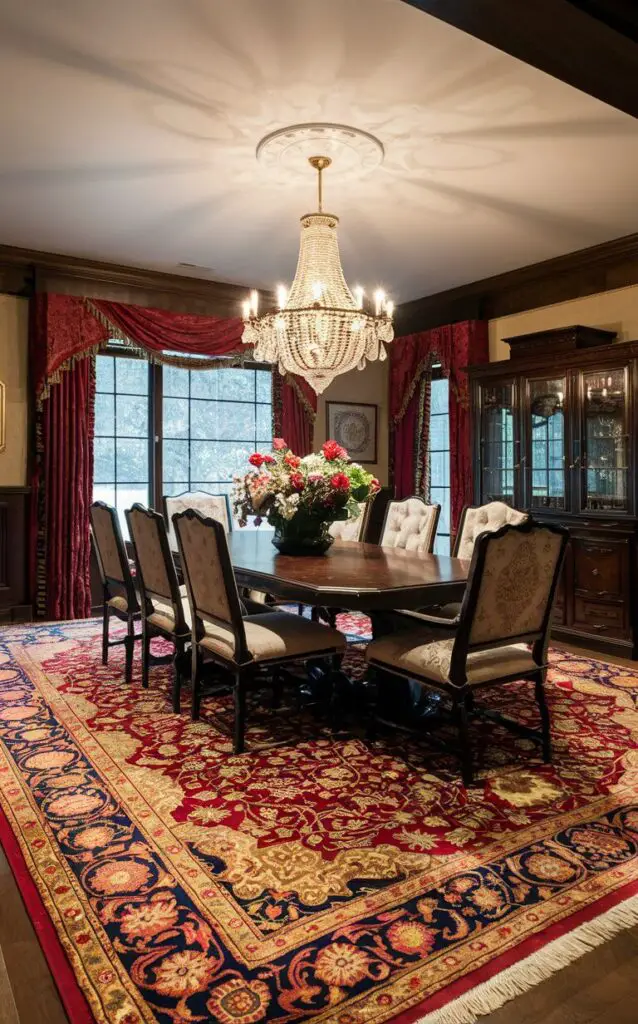 A traditional dining room featuring a luxurious Persian rug with intricate patterns in red, gold, and navy. The rug lies beneath a large wooden dining table surrounded by upholstered chairs. The room’s decor is enhanced by rich draperies, a chandelier, and dark wood accents, creating a warm, inviting atmosphere.