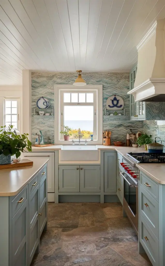 A cozy, coastal-inspired kitchen with pale quartz countertops in a light cream hue. The elegant countertops provide the perfect neutral backdrop for the room's coastal elements, such as the soft blue cabinets and a sea-inspired backsplash featuring intricate patterns that resemble waves. The space is filled with natural light, and there's a charming window overlooking the sea. A few potted plants and nautical accessories add a touch of warmth and personality to the room.