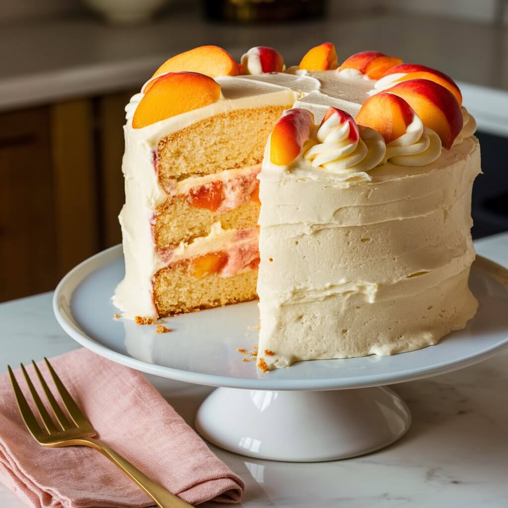 A scrumptious Peaches and Cream Cake takes center stage, featuring three layers of delicate sponge cake, each generously topped with creamy white icing, the whole cake is frosted with creamy white icing. A slice is neatly cut, revealing the light cake interior and luscious layers of frosting studded with juicy peach pieces. The cake stands proudly on a pristine white stand, accompanied by a gold fork nestled on a pink linen napkin. The warm glow of the kitchen's ambiance highlights the cake's rich colors, making it an irresistible feast for the eyes.