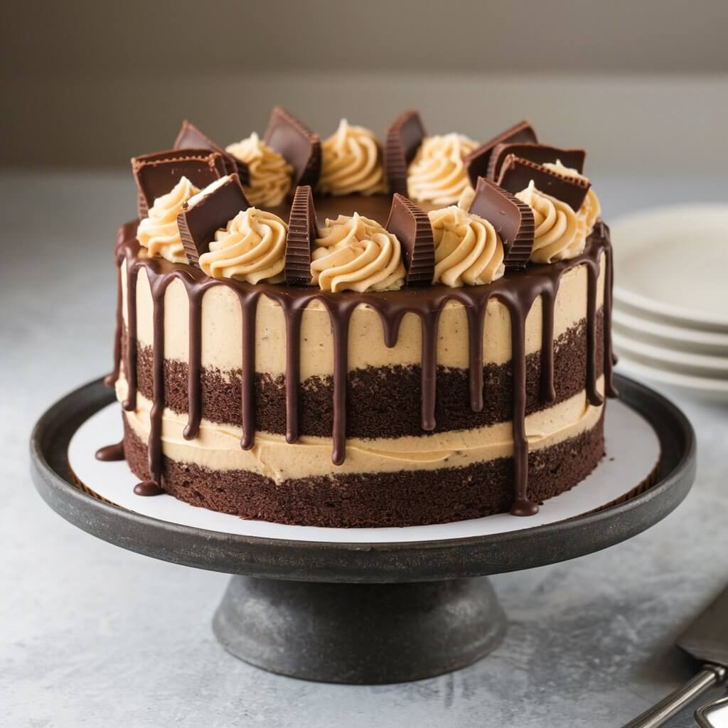 A photo of a peanut butter cup cake with rich chocolate layers and creamy peanut butter frosting. The cake is topped with chunks of peanut butter cups and drizzled with chocolate ganache. It is served on a dark, rustic cake stand. The background is simple and neutral.