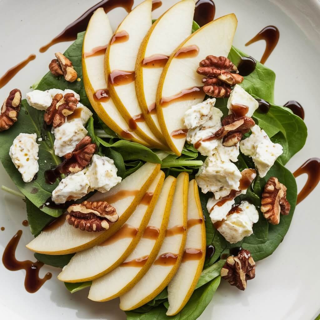 A sophisticated salad featuring thinly sliced pears fanned out alongside crumbled gorgonzola cheese and candied walnuts. The salad is arranged on a white plate with a drizzle of balsamic glaze, creating an elegant presentation that highlights the creamy and crunchy textures of the dish.