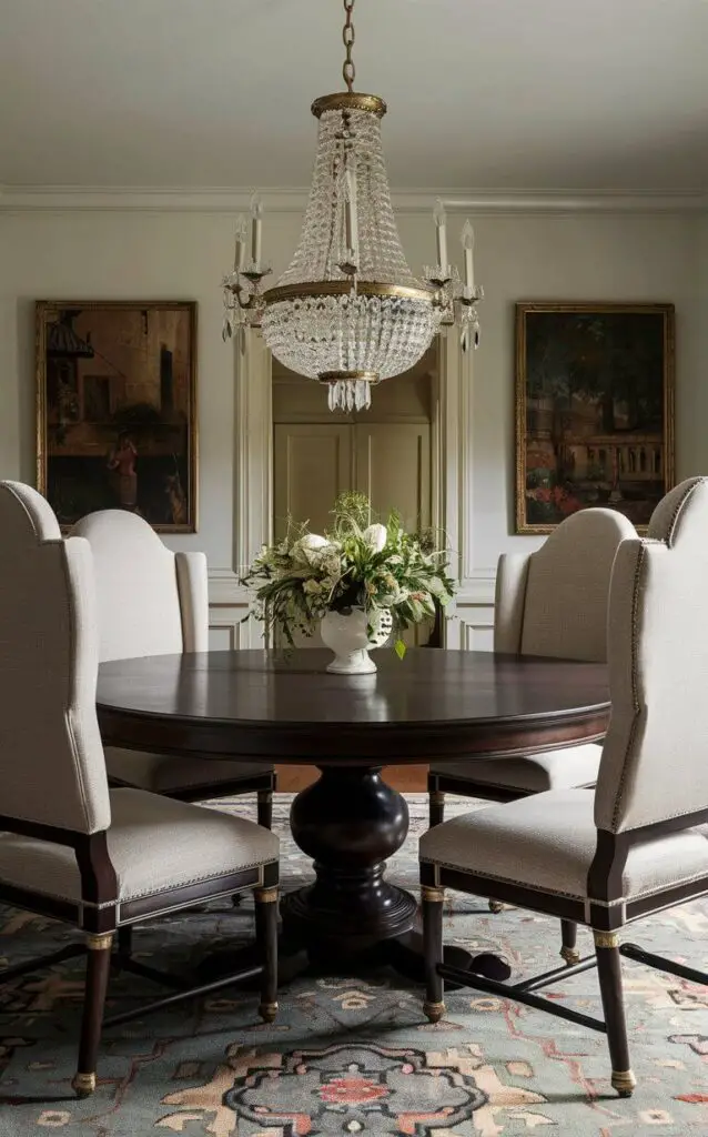 A traditional dining room featuring a round pedestal table with a dark wood finish. The table is surrounded by upholstered chairs with high backs, and a crystal chandelier hangs above. The room is accented by a patterned rug and classic artwork on the walls.