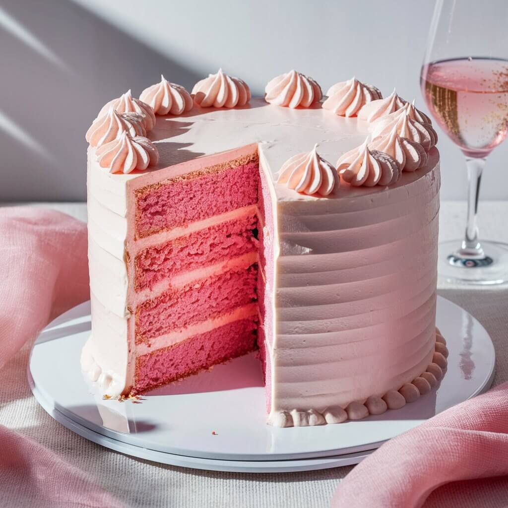 A Pink Champagne Cake, elegantly displayed against a soft, neutral background. The cake is cut to reveal its inside layers, showing three distinct pink sponge layers that are light and airy. These layers are separated by thin, even layers of creamy white frosting. 

The cake's exterior is smoothly covered in the same white frosting, creating a clean and pristine look. The top edge of the cake is adorned with delicate, pink rosettes made from frosting, adding a decorative touch. 

The cake sits on a white cake stand, which is slightly glossy and complements the cake's aesthetic. In the background, there is a glass containing a pink liquid with gold flecks, likely champagne, enhancing the cake's theme.

The lighting is bright and soft, highlighting the cake's textures and colors without casting harsh shadows. The overall presentation is refined and inviting, making the cake look both delicious and celebratory.