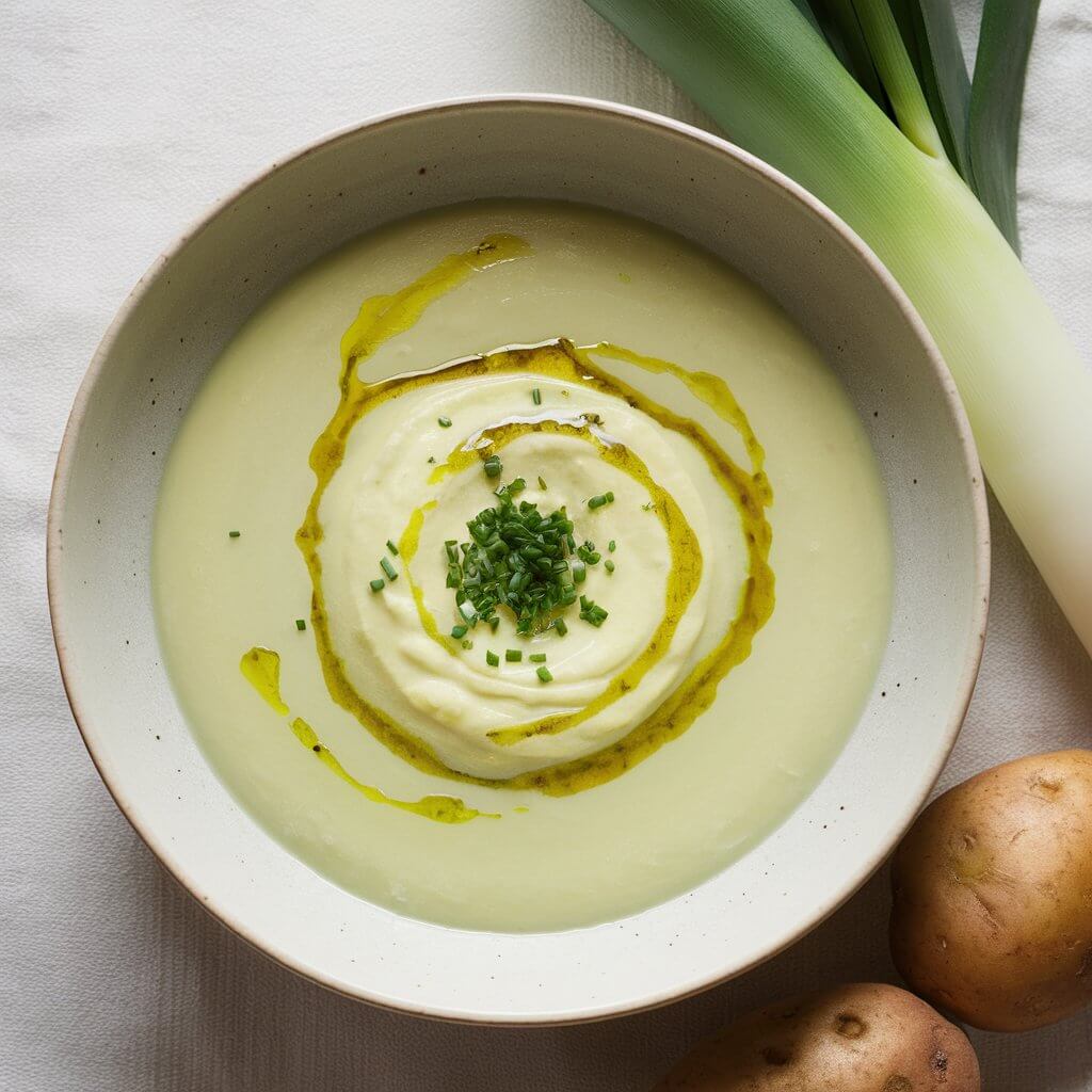 A bowl of creamy potato leek soup, its pale green color complemented by a sprinkle of chopped chives and a drizzle of olive oil. The bowl is placed on a white tablecloth with a few whole leeks and potatoes nearby, highlighting the fresh ingredients.