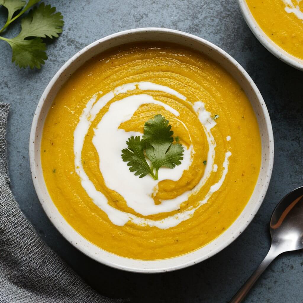 A vibrant bowl of smooth pumpkin soup with a golden-yellow hue, topped with a drizzle of coconut milk and a few fresh cilantro leaves.