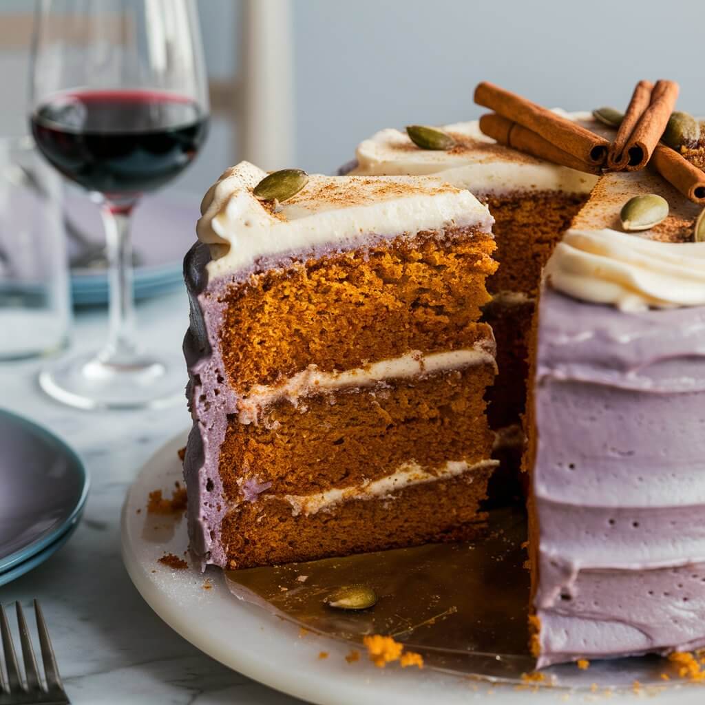 A warm and cozy Pumpkin Spice Cake with layers filled with spices and topped with creamy frosting. The cake is placed on a white cake stand, with a slice cut out and placed on a decorative white plate with a floral design. The slice reveals the light yellow cake interior and thick layers of white frosting. In the background, a glass of wine sits on the marble countertop, ready to accompany the delicious cake. The scene is set against a light-colored dining table backdrop, enhancing the cake's rich lavender color. The cake is decorated with cinnamon sticks, pumpkin seeds, and a dusting of nutmeg, creating a festive and autumnal appearance.