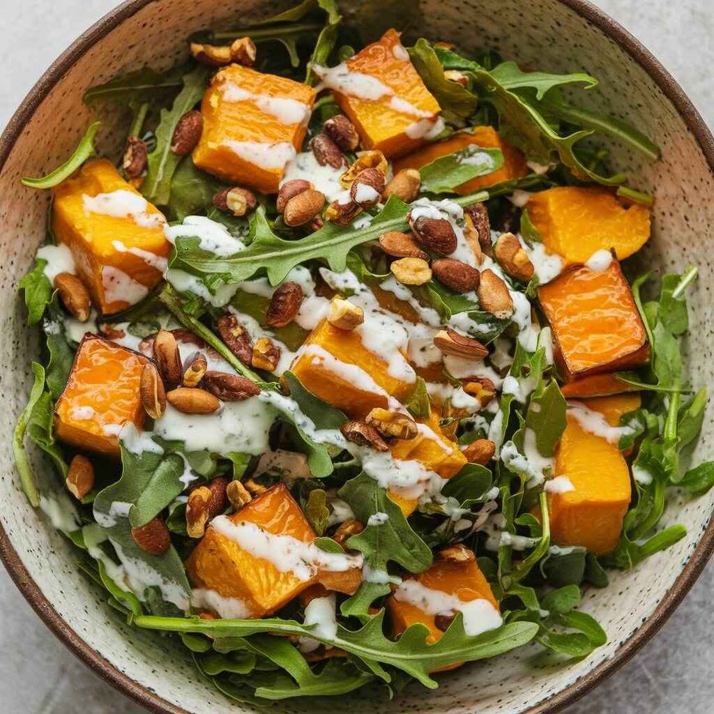 A photo of a fall salad with roasted pumpkin cubes, peppery arugula, and crunchy pepitas. The salad is served in a wide, shallow bowl. The bright orange pumpkin and green arugula create a colorful contrast. A tangy yogurt dressing is drizzled over the top.