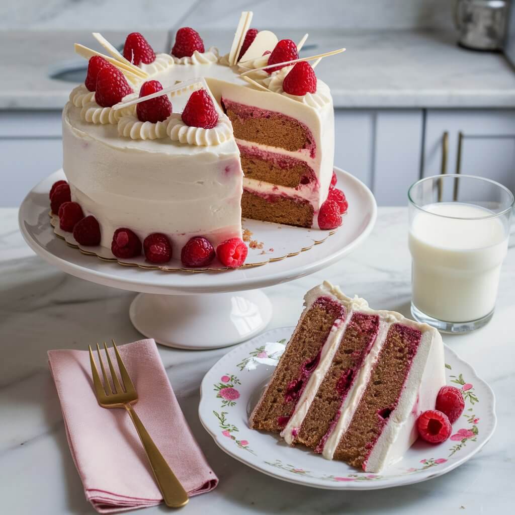 A delightful Raspberry White Chocolate Cake with tart raspberry layers and sweet white chocolate frosting. The cake is garnished with fresh raspberries and white chocolate shavings, creating an elegant and feminine touch.frosted with a elegant white icing. The cake is placed on a white cake stand, with a slice cut out and placed on a decorative white plate with a floral design. The slice reveals the vibrant brown interior and thick layers of red frosting. To the left of the plate, a gold fork rests on a pink napkin, adding an elegant touch. In the background, a glass of milk sits on the marble countertop, ready to accompany the delicious cake. The scene is set against a light-colored kitchen backdrop, enhancing the cake's rich red color.