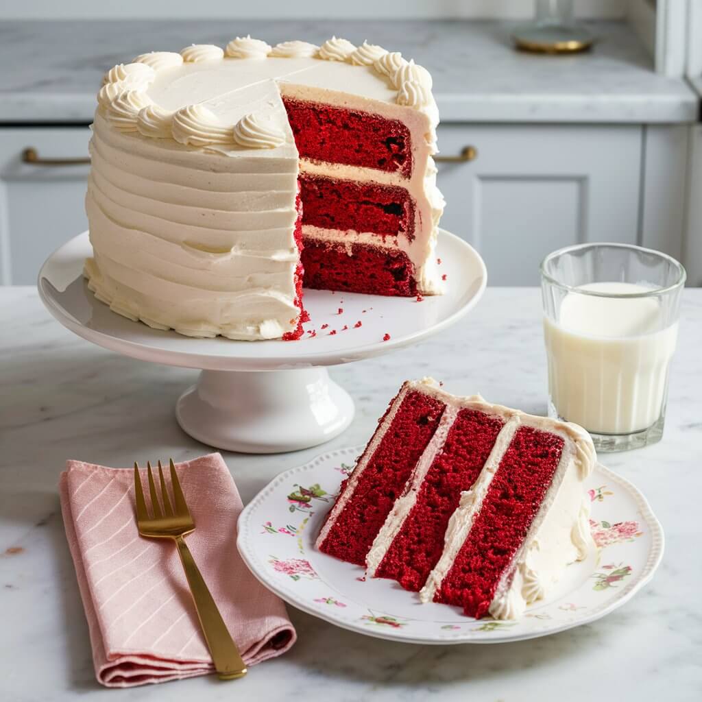 A beautifully presented red velvet cake with three layers, frosted with creamy white icing. The cake is placed on a white cake stand, with a slice cut out and placed on a decorative white plate with a floral design. The slice reveals the vibrant red interior and thick layers of white frosting. To the left of the plate, a gold fork rests on a pink napkin, adding an elegant touch. In the background, a glass of milk sits on the marble countertop, ready to accompany the delicious cake. The scene is set against a light-colored kitchen backdrop, enhancing the cake's rich red color.