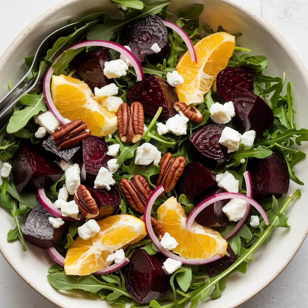 A vibrant Roasted Beet and Arugula Salad is served in a large white bowl. The salad features deep red roasted beet chunks scattered over a bed of fresh, bright green arugula. Slices of juicy orange segments add a pop of bright yellow-orange color, contrasting beautifully with the beets. The salad is topped with crumbled white feta cheese, providing a creamy texture and a salty tang. Pecan halves are sprinkled throughout, offering a rich, nutty flavor and crunch. Thin slices of red onion add a sharp, slightly spicy bite. The dish is fresh, colorful, and inviting, with a mix of textures and flavors that make it both visually appealing and appetizing.