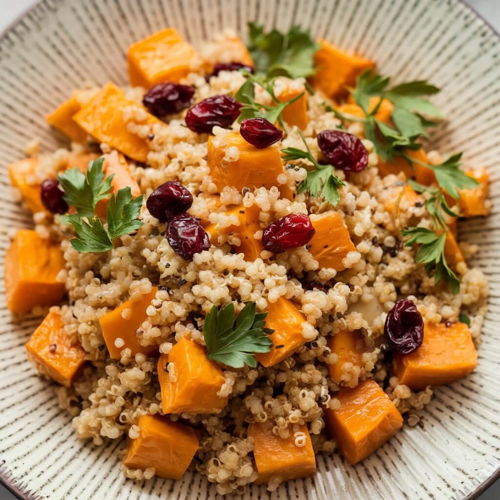 A photo of a warm salad with golden roasted butternut squash cubes mixed with fluffy quinoa. The salad is garnished with dried cranberries and fresh parsley, all atop a textured white plate. The deep orange of the squash contrasts beautifully with the pale quinoa, emphasizing the hearty nature of this fall salad.