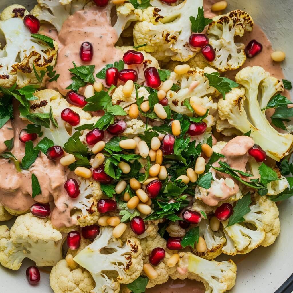 A Middle Eastern-inspired salad with roasted cauliflower florets tossed in a creamy tahini dressing. The salad is topped with pomegranate seeds, toasted pine nuts, and chopped parsley. The salad is served in a wide, shallow bowl, with the cauliflower's golden brown color and the vibrant pomegranate seeds creating a visually appealing contrast.