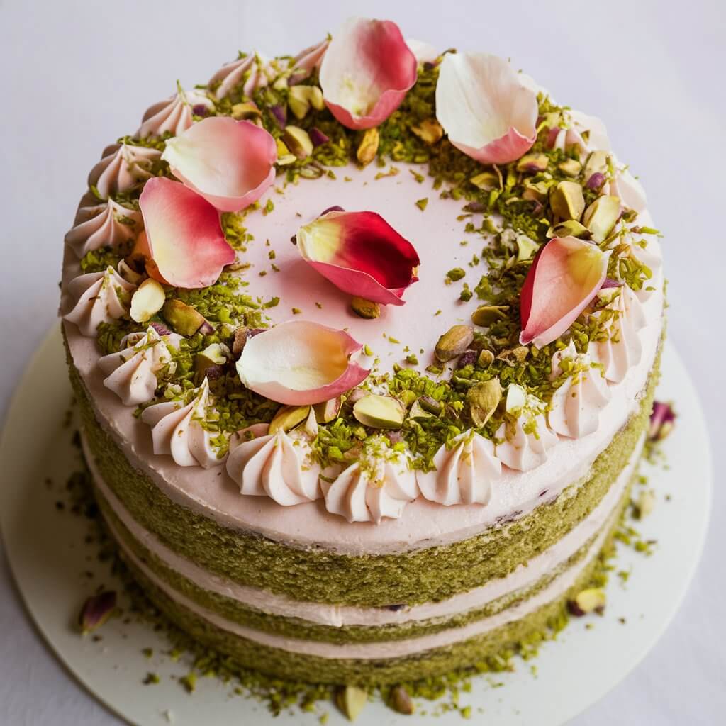 A unique Rose Water Pistachio Cake with moist pistachio layers and rose water-infused frosting. The cake is decorated with crushed pistachios and edible rose petals, creating a stunning and aromatic presentation. The colors are soft and pastel, exuding elegance and sophistication.