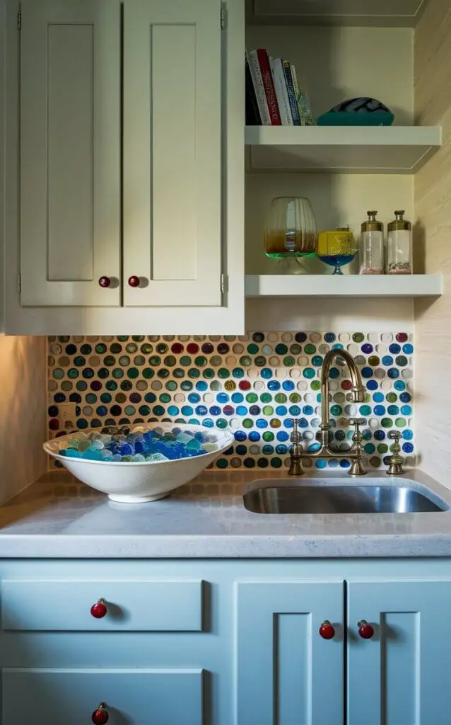 A small coastal kitchen featuring sea glass accents, including cabinet knobs and a mosaic backsplash. A bowl filled with various colored sea glass sits on the countertop, adding a touch of the ocean and a splash of color to the room.