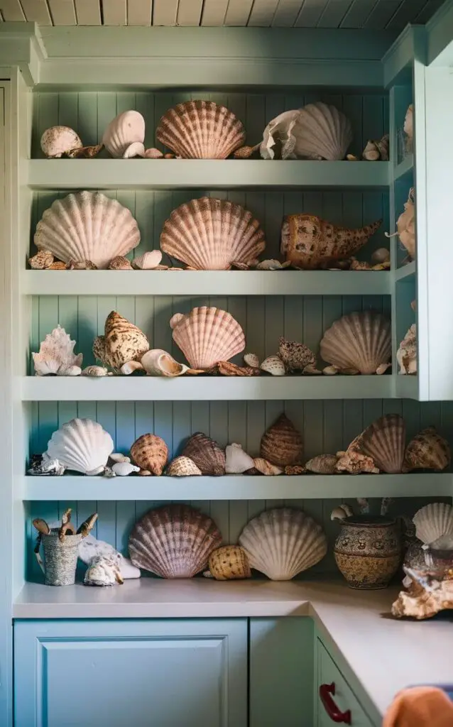 A small coastal kitchen with seashells displayed in open shelve. The seashells vary in size and color, adding natural beauty and a touch of the beach to the kitchen’s decor. They are paired with other coastal-themed items to enhance the seaside feel.