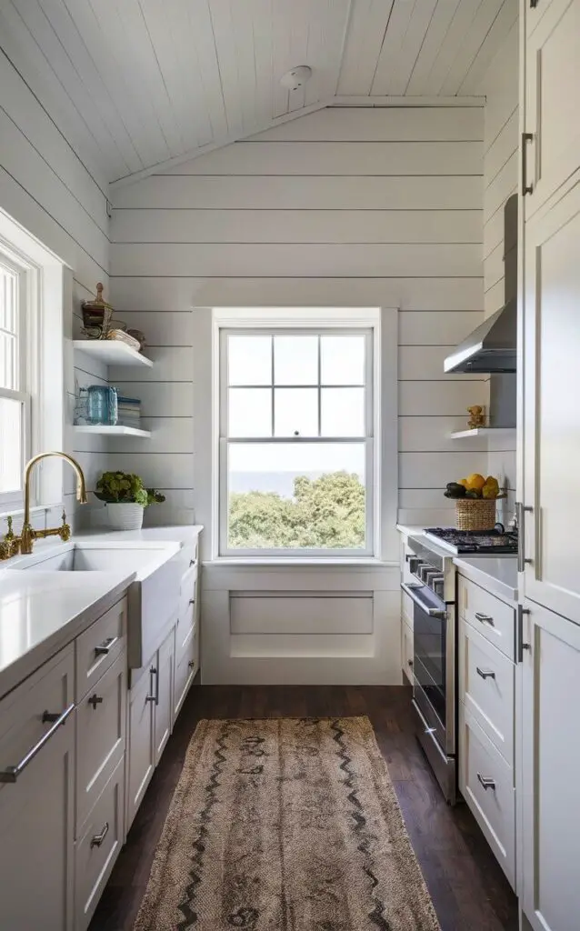 A small coastal kitchen with white shiplap walls that add texture and depth to the space. The shiplap extends from the floor to the ceiling, creating a bright and airy atmosphere that perfectly embodies coastal charm.