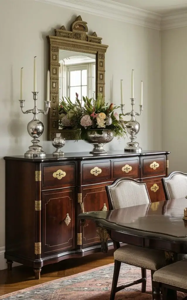 A traditional dining room featuring a dark wood sideboard with brass handles and detailed carvings. The sideboard is adorned with a decorative mirror, silver candlesticks, and fresh flowers. A large wooden dining table with upholstered chairs completes the classic look of the room.