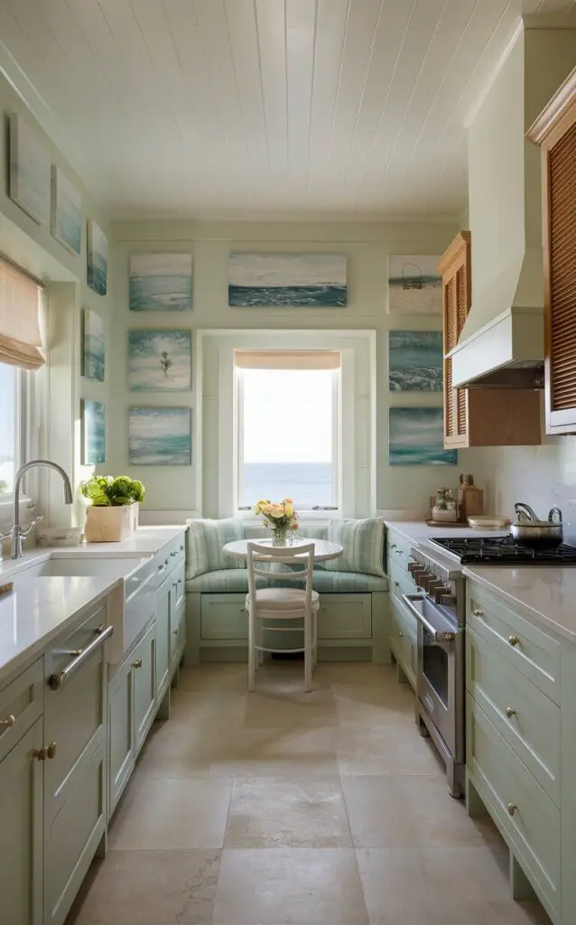 A serene and picturesque coastal kitchen, bathed in soft hues of seafoam green and sandy beige. The walls are adorned with tranquil ocean-inspired artworks, creating an inviting and calming ambiance. The room features pristine white cabinetry and natural wood elements, adding a touch of sophistication and warmth. A sunlit window overlooks the peaceful ocean, while a cozy dining nook invites guests to enjoy a leisurely meal.