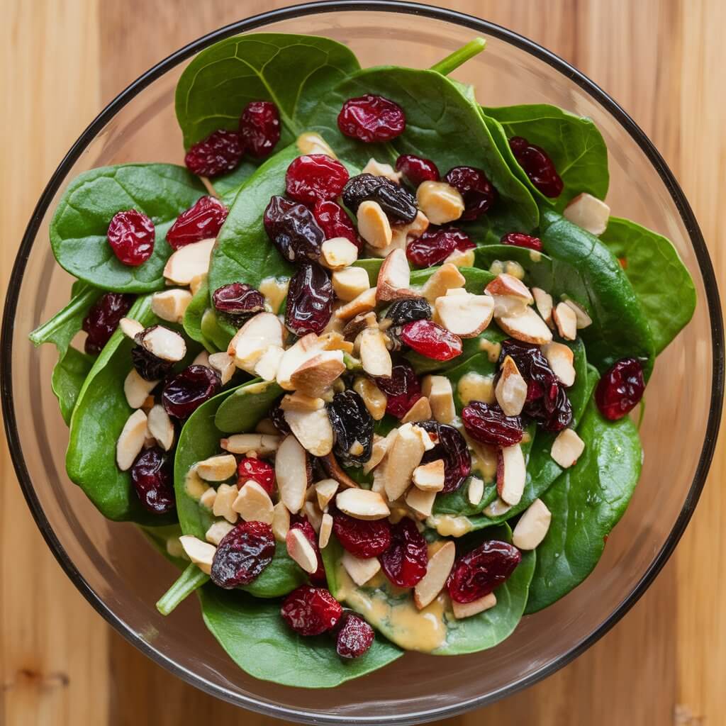 A photo of a simple yet appealing salad with fresh baby spinach leaves as the base, topped with dried cranberries, slivered almonds, and a light honey mustard dressing. The salad is arranged in a deep, glass bowl, with the vibrant cranberries adding a pop of color against the dark green spinach. The almonds and dressing are scattered throughout the salad, adding texture and flavor. The bowl is placed on a wooden surface.