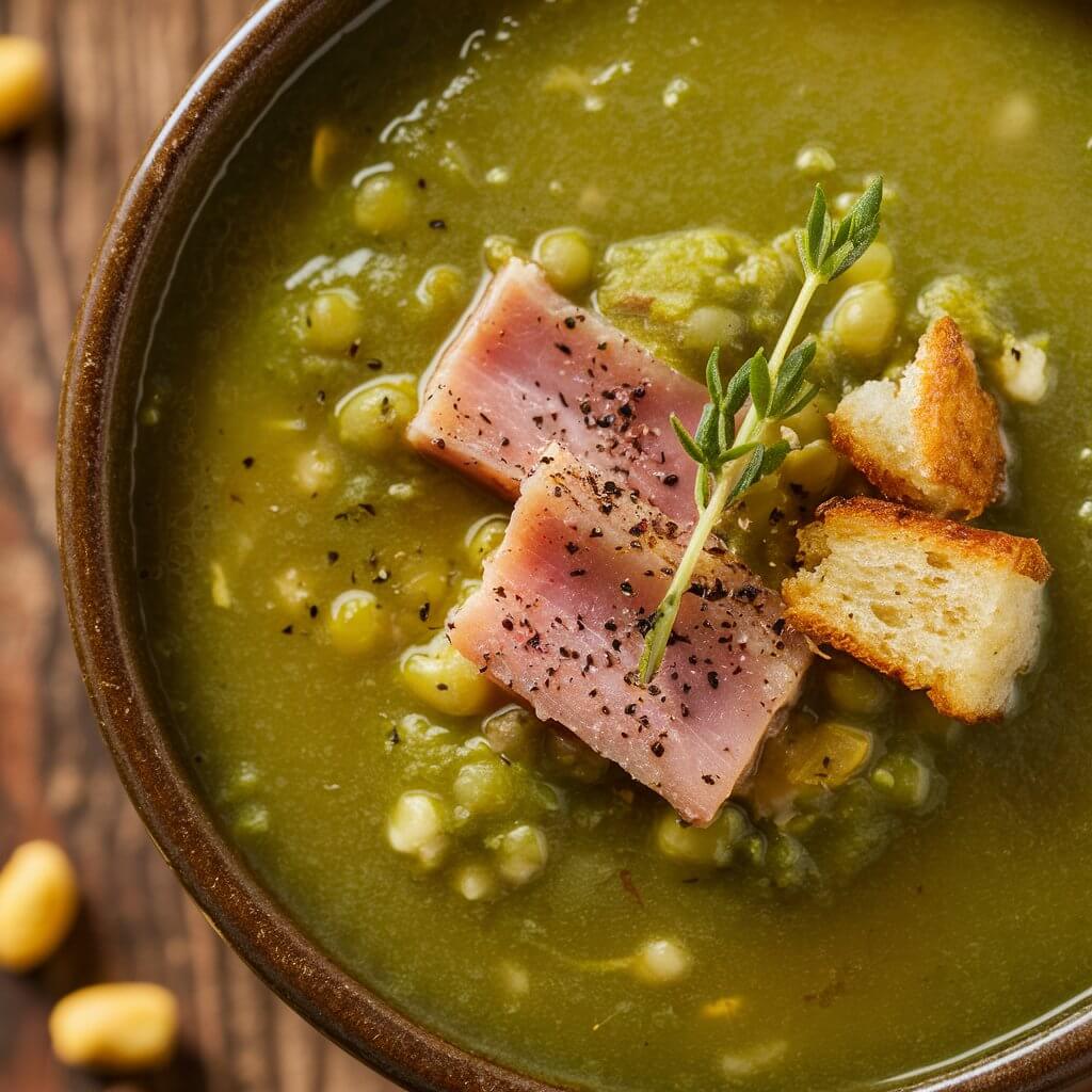 A mouthwatering close-up of A thick and hearty bowl of split pea soup, its green color complemented by pieces of ham and a sprinkle of black pepper. Garnished with a few croutons and a sprig of fresh thyme. The bowl sits on a rustic wooden table with a few dried split peas scattered around.