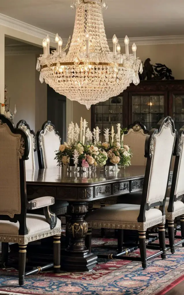 A traditional dining room centered around a stately dark wood dining table with intricate detailing. The table is surrounded by upholstered chairs, each with high backs and elegant carvings. Above, a crystal chandelier adds a touch of luxury, while a richly patterned rug grounds the space.