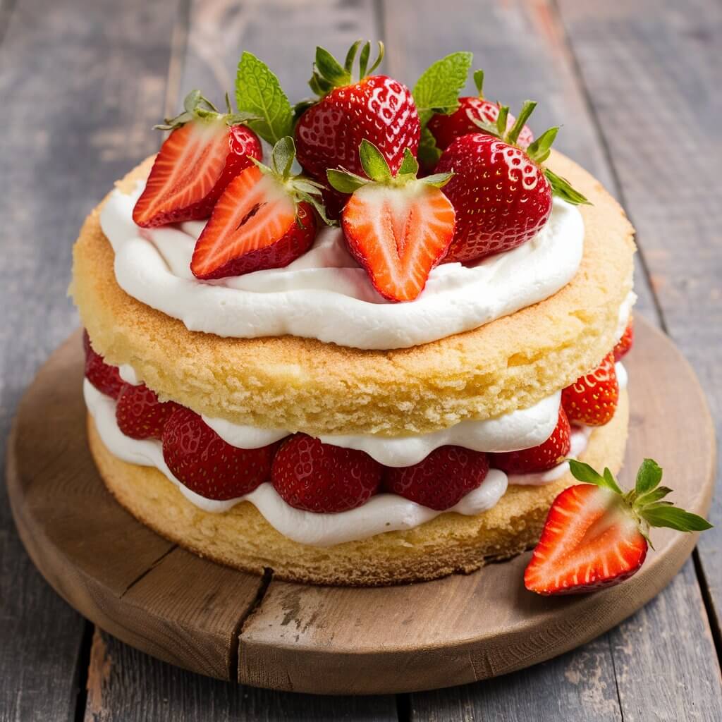 A light and airy Strawberry Shortcake with layers of sponge cake, fresh strawberries, and whipped cream. The top is garnished with whole strawberries and mint leaves, adding a fresh and charming touch. The cake sits on a rustic wooden cake stand, perfect for a spring or summer celebration.