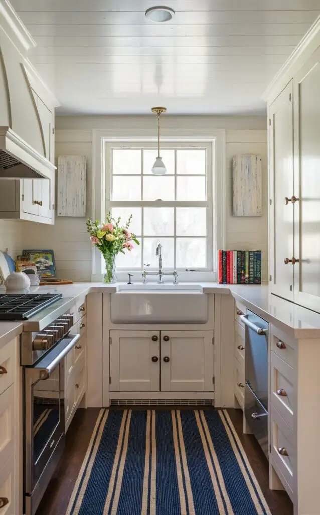 A cozy coastal kitchen with a blue and white striped rug that adds a touch of nautical charm. The space features a clean and modern design, with white cabinets and countertops, and stainless steel appliances. The sink has a large window above it, allowing natural light to filter in and highlight the rug. On the counter, there's a vase with fresh flowers and a few neatly stacked cookbooks. The overall ambiance is warm and inviting, perfect for preparing a delicious meal.