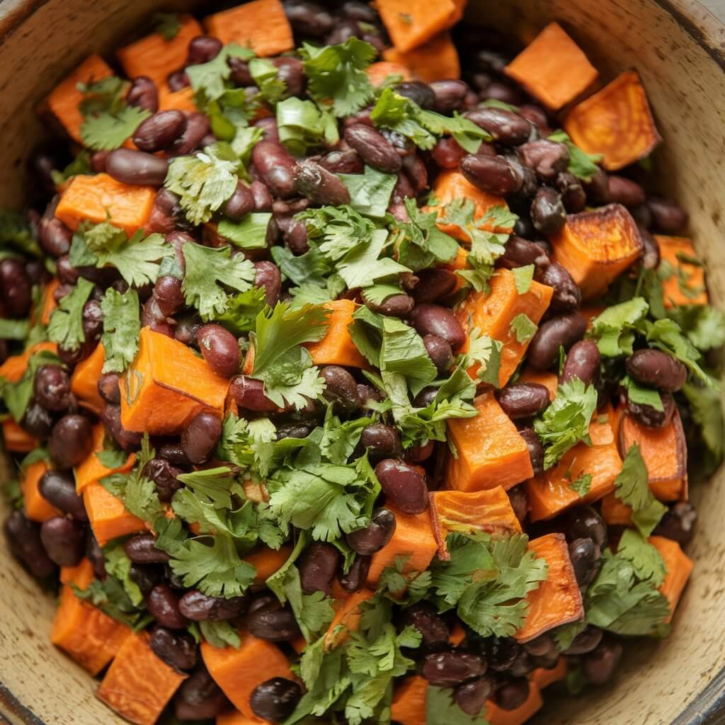 A photo of a colorful salad featuring roasted sweet potato cubes and black beans. The salad is tossed together and topped with chopped cilantro. The salad is served in a rustic, earthenware dish. The sweet potatoes’ orange hue contrasts against the dark beans, highlighting the hearty, fall-inspired ingredients.