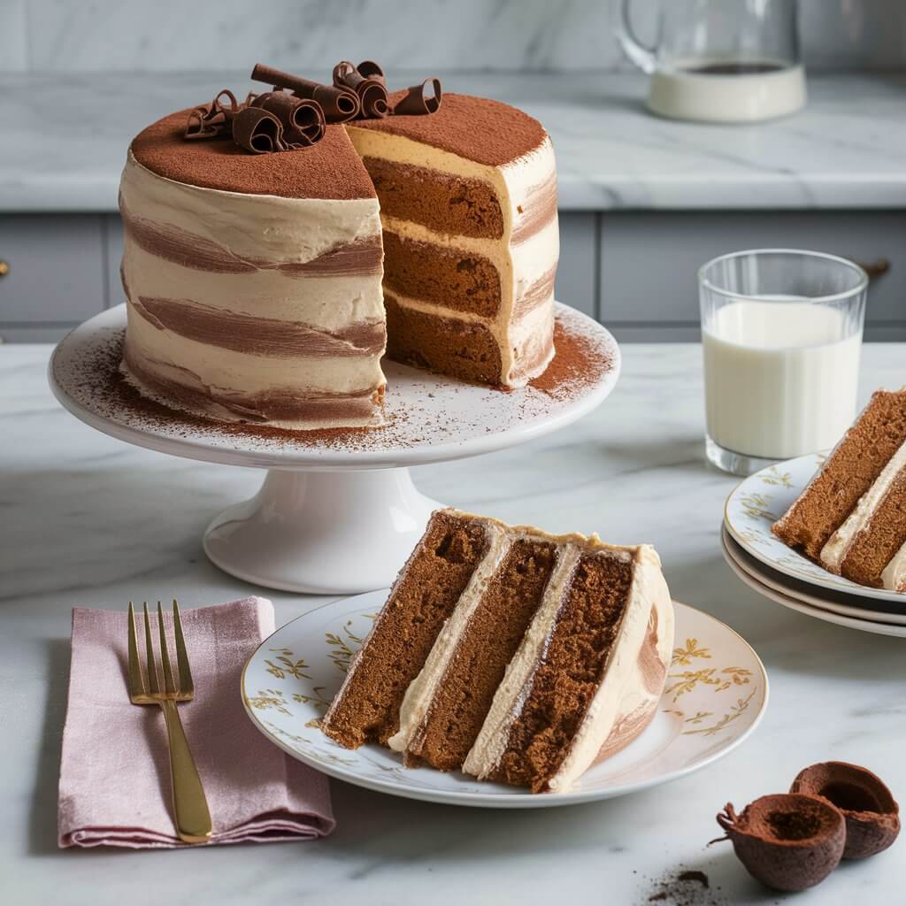 A beautifully presented Tiramisu Cake with three layers, frosted with smooth painted creamy mascarpone icing. The cake is placed on a white cake stand, with a slice cut out and placed on a decorative white plate with a floral design. The slice reveals the vibrant brown interior and thick layers of creamy mascarpone frosting. To the left of the plate, a gold fork rests on a pink napkin, adding an elegant touch. In the background, a glass of milk sits on the marble countertop, ready to accompany the delicious cake. The scene is set against a light-colored kitchen backdrop, enhancing the cake's rich color. The cake is dusted with cocoa powder and topped with chocolate curls, giving it a sophisticated and delicious appearance.