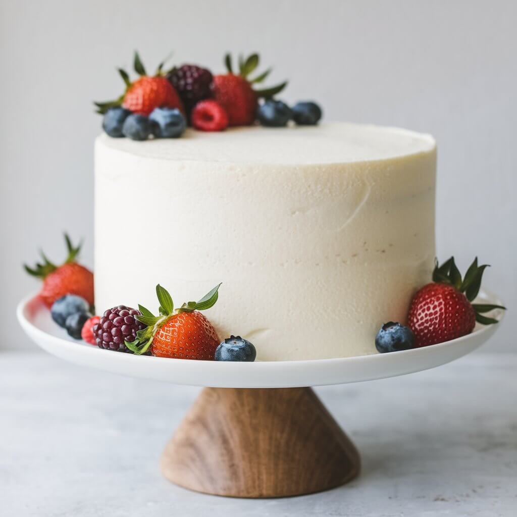 A photo of a plain white vanilla bean cake. The cake is decorated with a few fresh berries for a touch of color. It's displayed on a classic, white cake stand, perfect for a timeless and sophisticated birthday celebration.