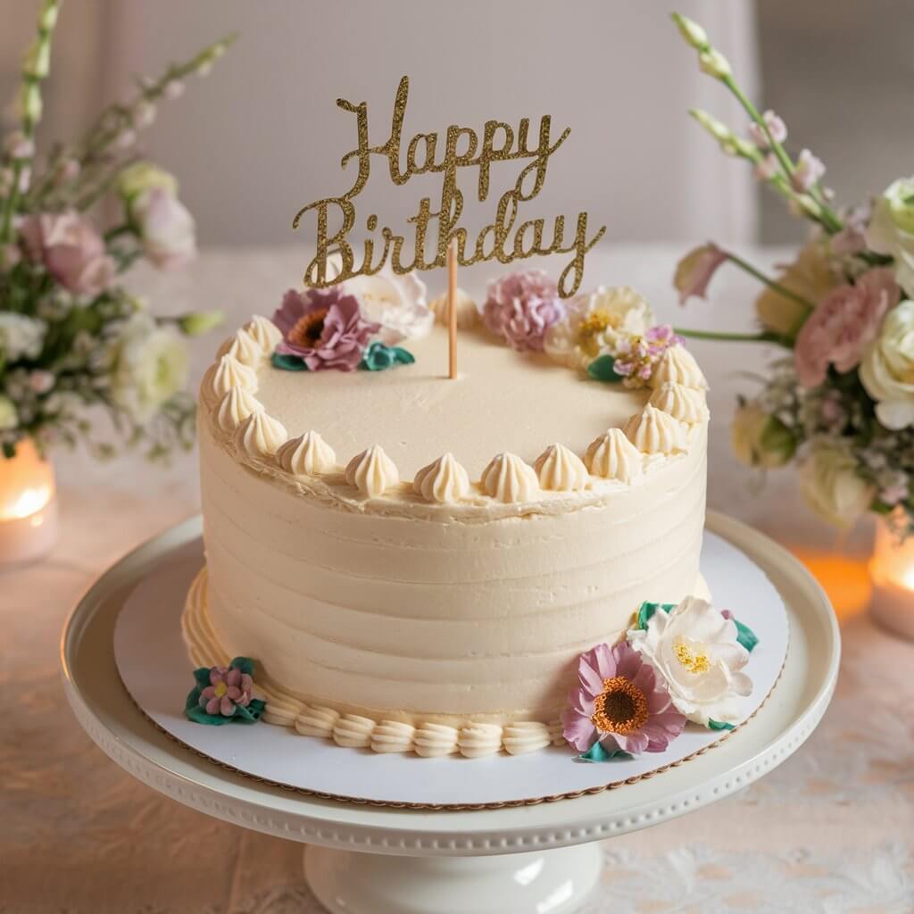 A pristine Classic Vanilla Buttercream Cake adorned with pastel-colored flowers and delicate piping. The cake is set on a white cake stand with a "Happy Birthday" topper, surrounded by a beautifully decorated table with floral arrangements and soft, warm lighting.