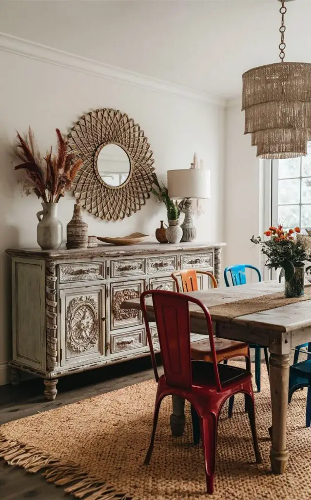 A boho dining room with a vintage sideboard providing both storage and style. The intricate carvings and distressed finish add character. The rustic dining table and eclectic chairs enhance the charming, boho aesthetic.