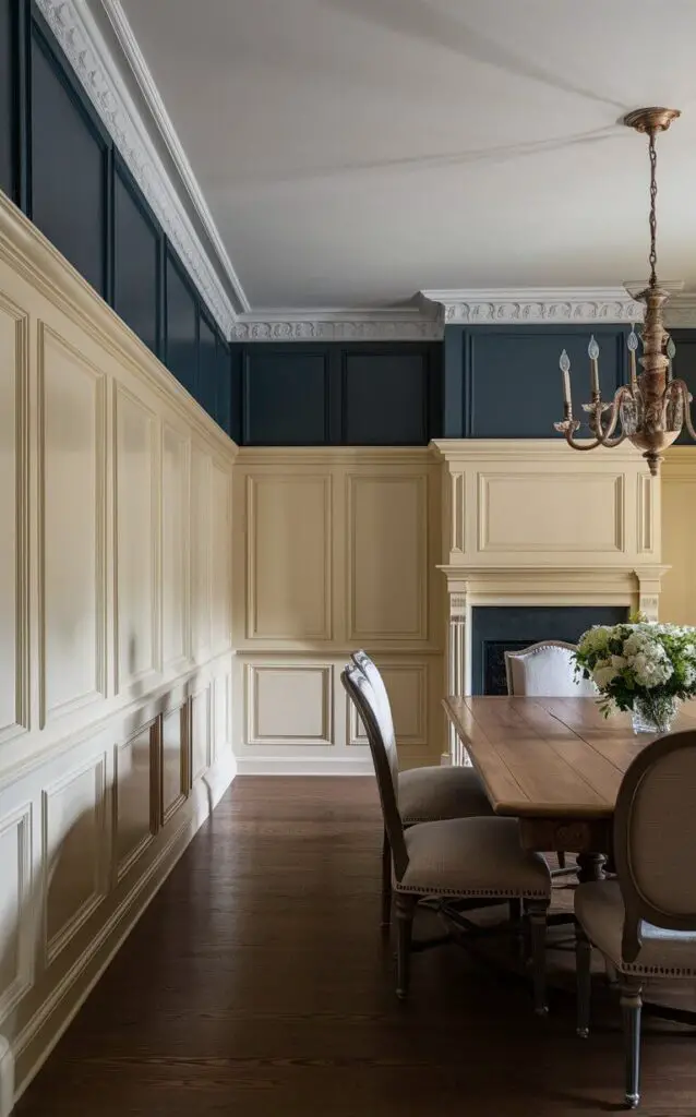 A traditional dining room with elegant wainscoting along the walls, painted in a soft cream color. The wainscoting is paired with dark blue walls above, adding depth and sophistication. A large wooden dining table sits in the center, surrounded by upholstered chairs and lit by a classic chandelier.