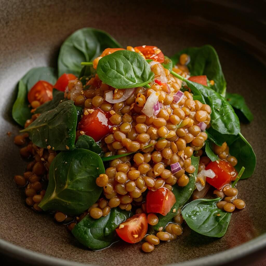 A mouthwatering image of a comforting, warm salad featuring tender lentils delicately tossed with fresh spinach leaves, diced tomatoes, and red onion. The salad is served in a deep, earth-toned bowl, allowing the warmth of the lentils to gently wilt the spinach ever so slightly, creating a cozy and nourishing fall dish that invites a sense of comfort and satisfaction.