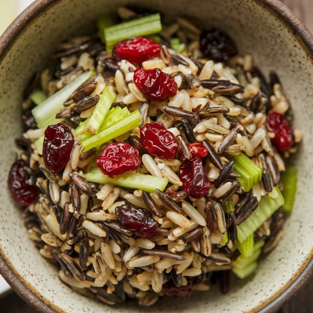 A photo of a rustic salad in a ceramic bowl. The salad contains chewy wild rice, tart dried cranberries, and crisp celery. The salad is tossed in a light vinaigrette. The dark rice and bright cranberries provide a striking visual contrast, highlighting the earthy and sweet elements of this fall dish.