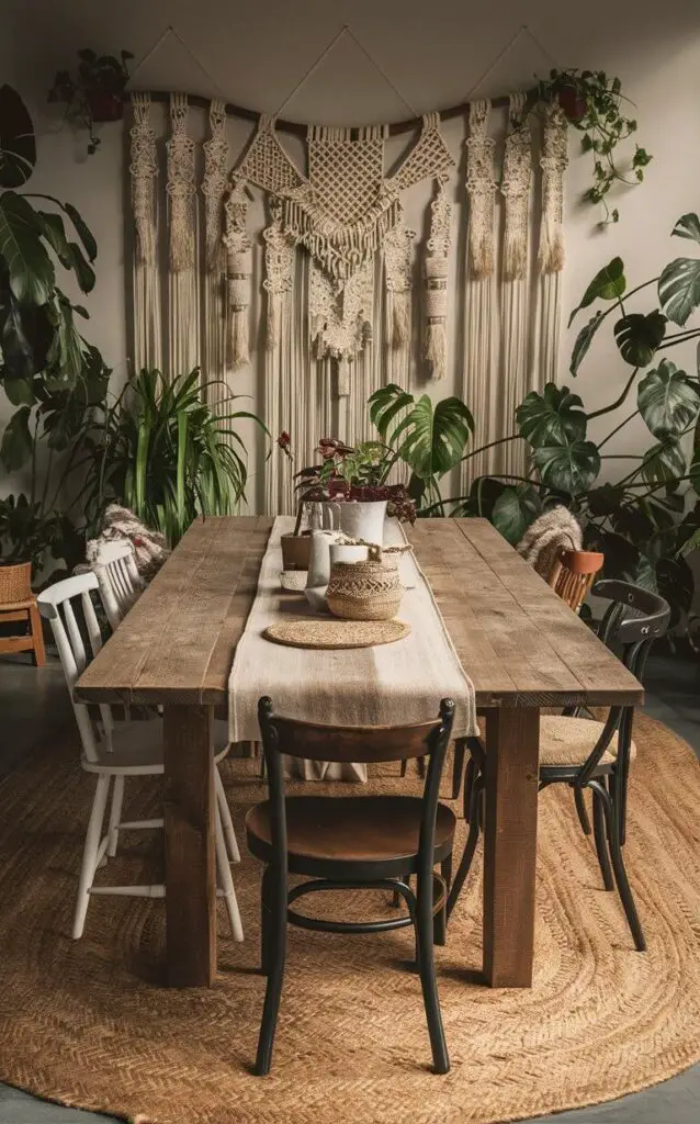 A stunning bohemian-style dining room, featuring a large rustic wooden table as the focal point. The table is surrounded by a collection of mismatched chairs, each with its unique character. A soft and cozy jute rug covers the floor, adding warmth and texture. The walls are adorned with an eye-catching macramé wall hanging, and the space is filled with a variety of indoor plants that bring a touch of nature and life. The overall ambiance is relaxed, inviting, and perfect for a laid-back gathering of friends and family.