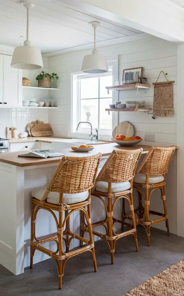 A small coastal kitchen with a white island accompanied by woven rattan bar stools. The stools have light-colored cushions, perfectly complementing the kitchen’s soft color palette and adding a cozy, beachy feel to the space.