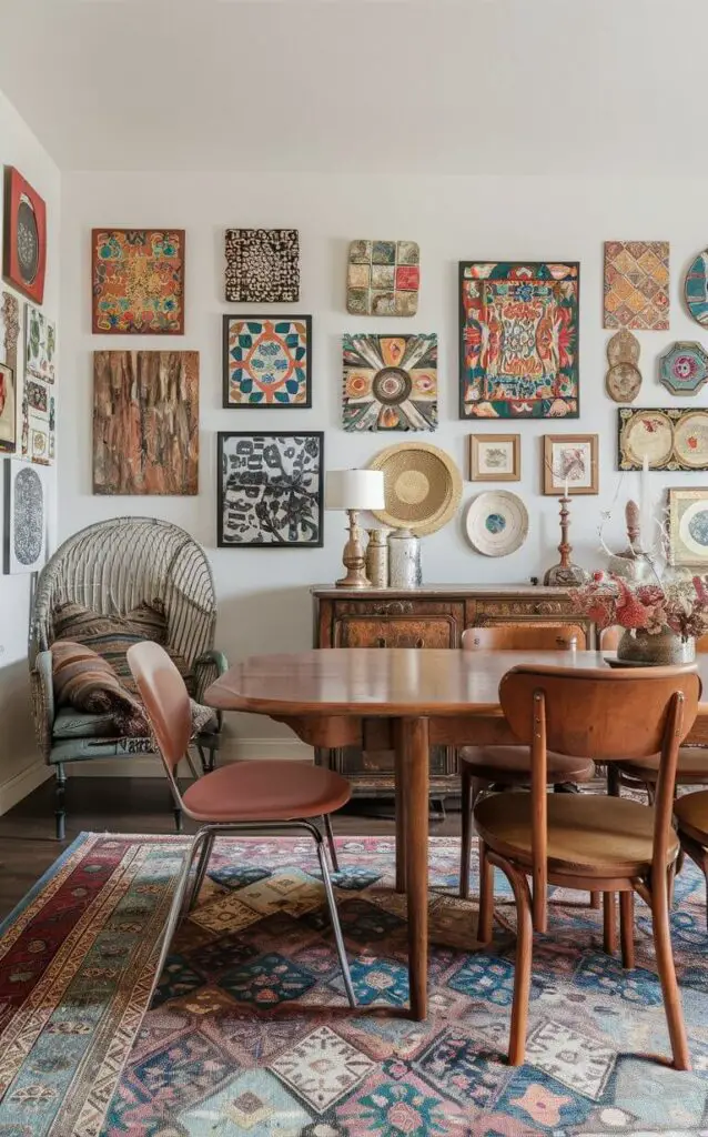 A boho dining room featuring a vintage wooden dining table paired with retro chairs. The walls are adorned with an assortment of eclectic art pieces. A patterned rug and antique sideboard add character and charm to the space.