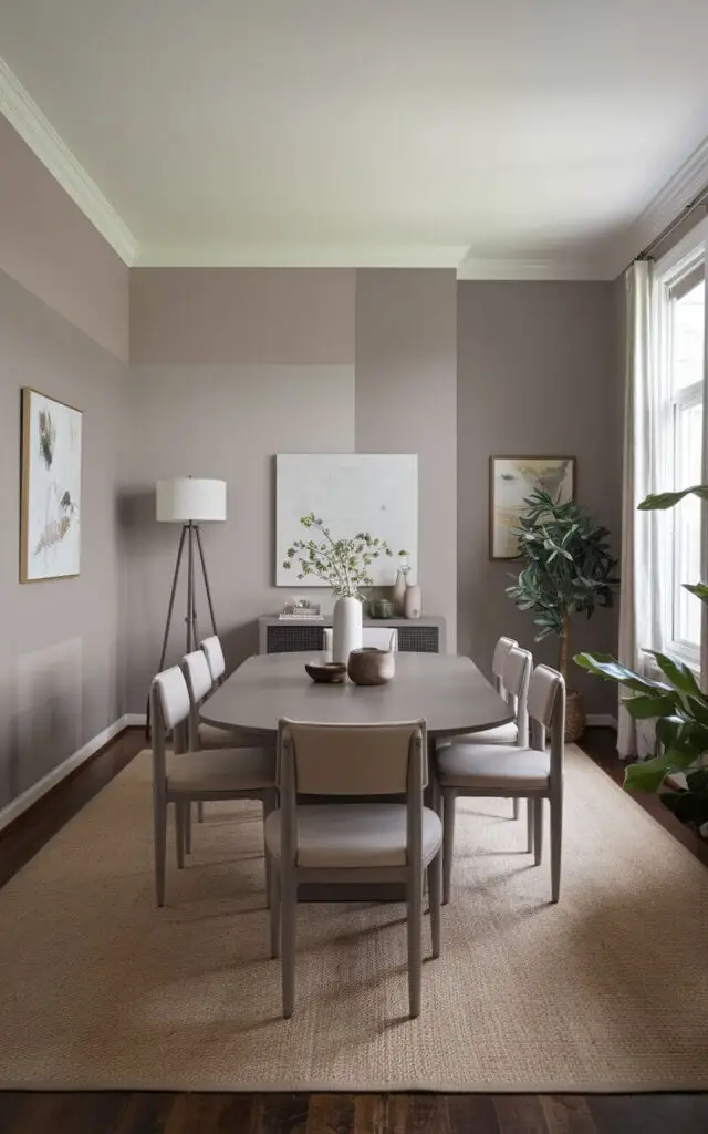 A transitional dining room with one accent wall painted in a soft, muted gray. The wall contrasts with the otherwise neutral decor, adding depth and interest to the room without overpowering the space. The room features a large dining table with six chairs. There is a floor lamp near the corner and a potted plant near the window. The floor is covered with a beige rug. The walls have a few pieces of art.