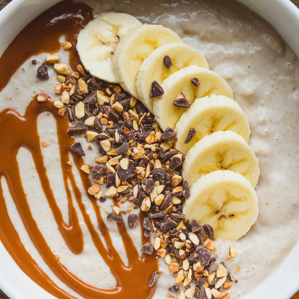 A creamy almond butter porridge with a smooth, nutty texture. The porridge is topped with sliced bananas, a drizzle of almond butter, and a sprinkle of cacao nibs. The rich almond butter and the delicate banana slices make this porridge a visually and texturally appealing option.