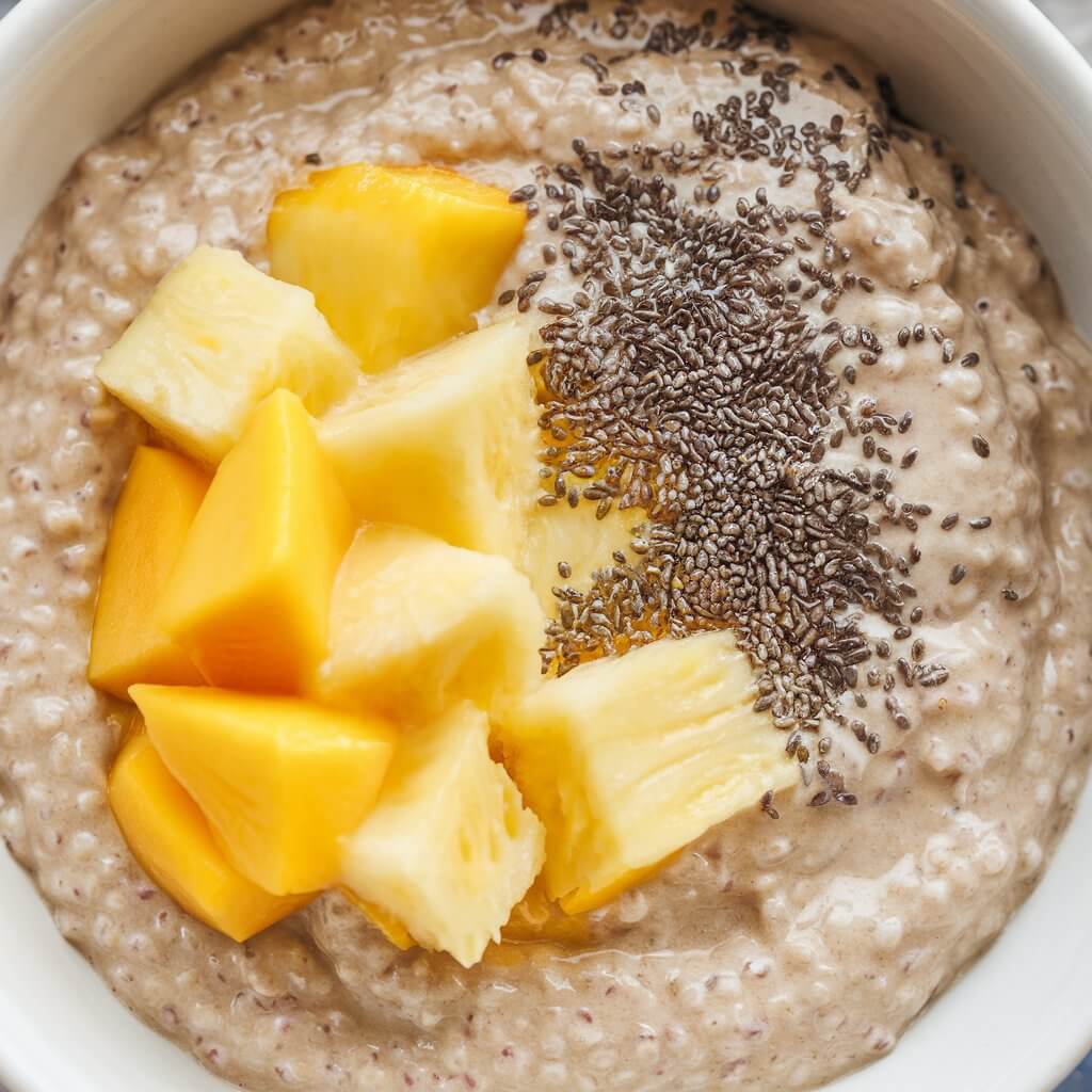 A photo of a bowl of smooth amaranth porridge with a creamy, slightly sweet consistency. The porridge is topped with tropical fruits like mango and pineapple, along with a sprinkle of chia seeds. The vibrant colors of the fruit and the tiny black chia seeds add a burst of visual appeal to the light-colored porridge.